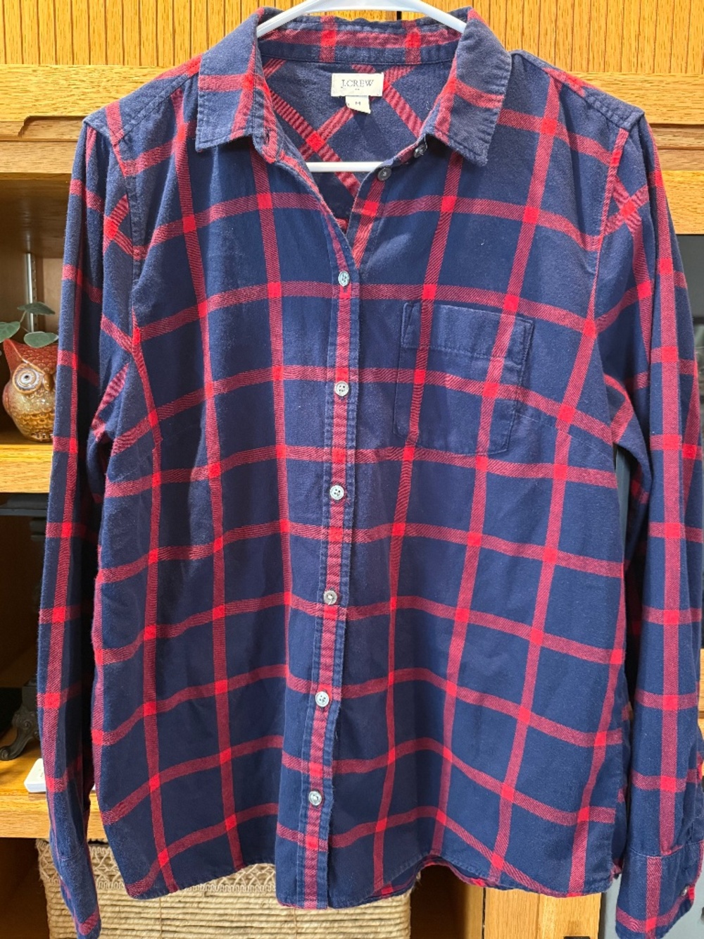 J. Crew Woman Red and Navy Blue Plaid Button Down, Size Medium